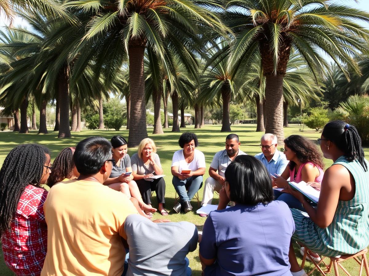 People sitting in a circle learning together outdoors