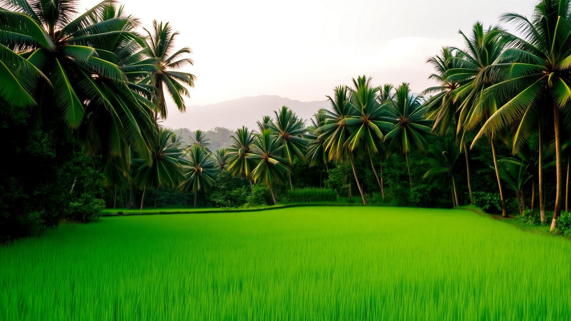 Lush green paddy fields and coconut palms near Talalla
