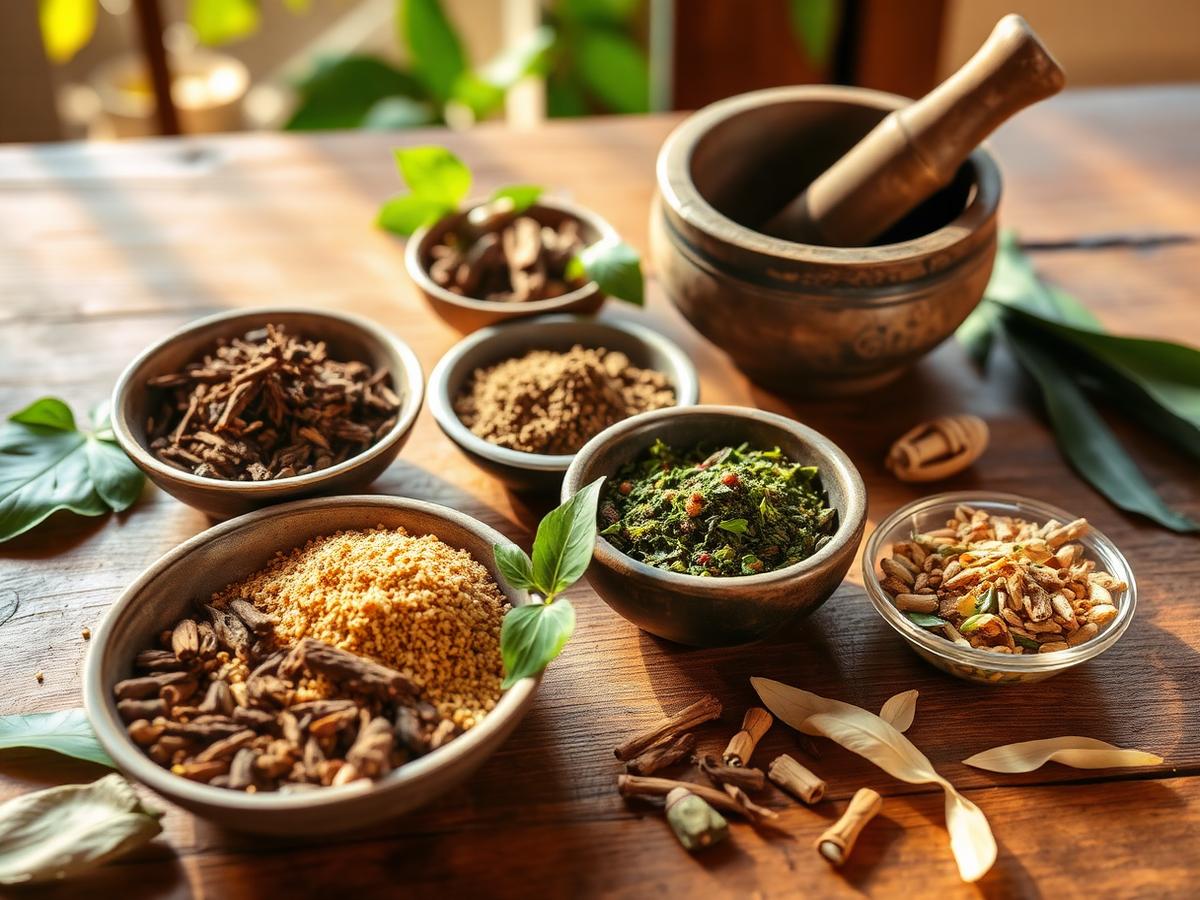 Traditional Sri Lankan herbs and mortar and pestle